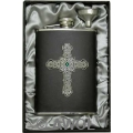 8oz 'Gothic Celtic Cross' Black Genuine Leather Flask & Funnel Gift Set