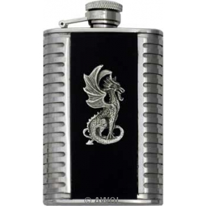 3.5oz 'Little Dragon' Black Bonded Leather Metal Ribs Boot Flask