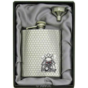 8oz 'Feel Lucky Skull' Heavy Gauge Honeycomb Chrome Flask & Funnel Gift Box